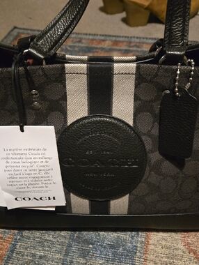 Coach Black and Cream Signature Stripe Tote
